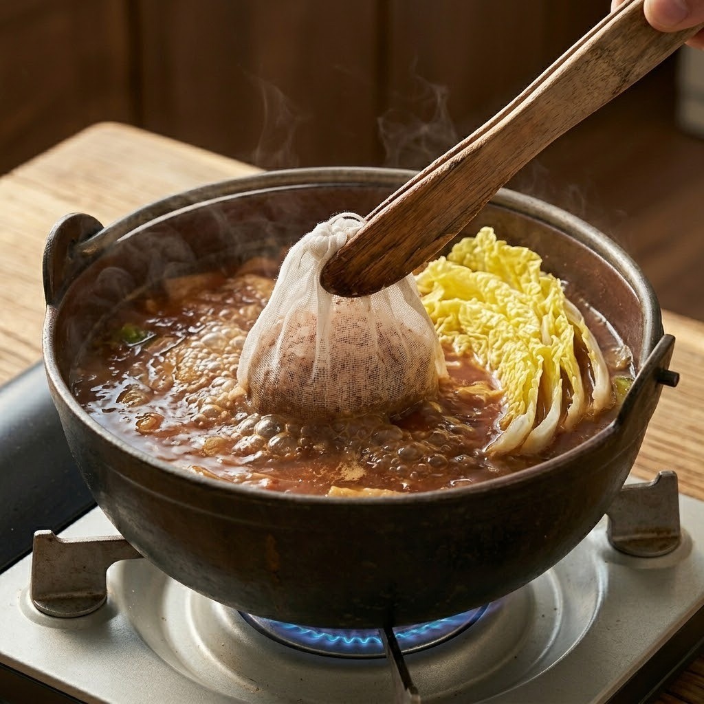 면포에 담긴 가다랑어포와 알배추를 넣어 해물 육수에 깊은 풍미를 더하는 모습
