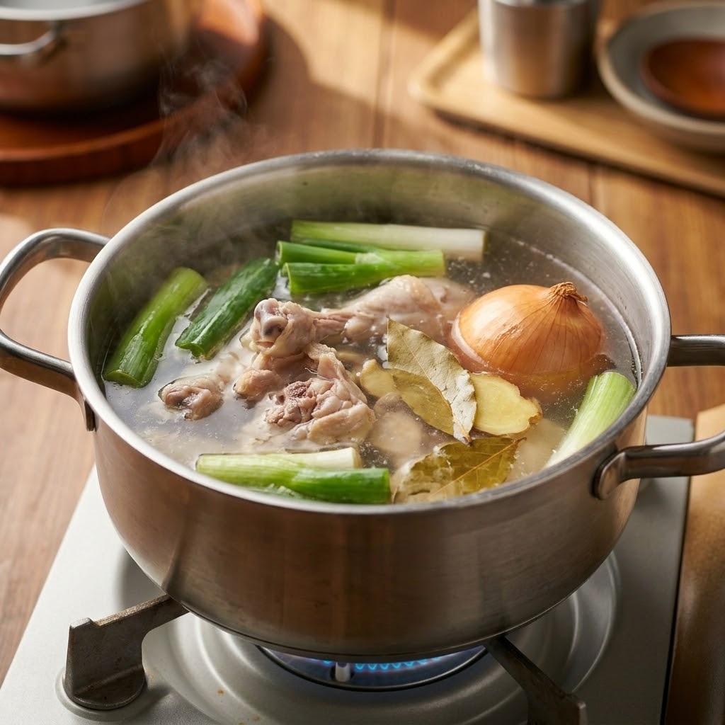 닭가슴뼈, 대파, 양파, 생강, 월계수 잎 등을 넣고 90분간 푹 끓여내어 깊은 맛을 내는 닭 육수 조리 과정