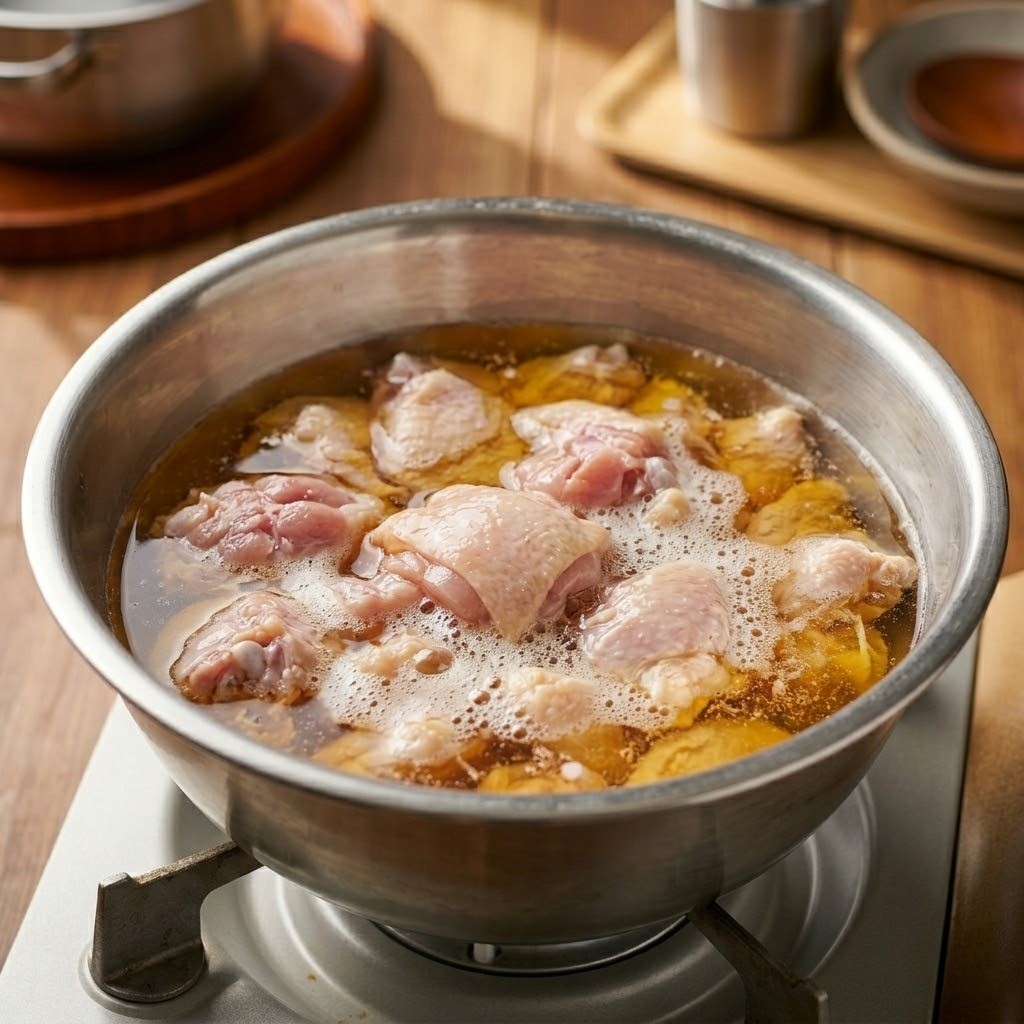 맥주에 재워 잡내를 1차로 제거한 뒤, 끓는 물에 한 번 더 데쳐내어 닭고기의 누린내를 완벽하게 없애는 과정