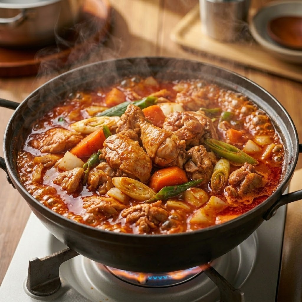 닭고기와 채소, 양념 육수를 넣고 마지막으로 두반장을 추가하여 감칠맛 나게 팔팔 끓이는 닭볶음탕 마무리 과정