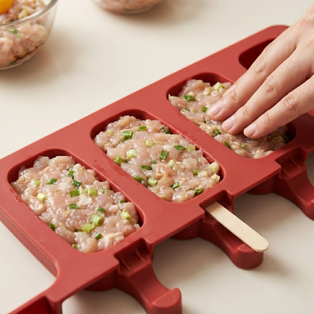 진공 포장 숙성 후 아이스크림 틀에 닭고기 반죽을 층층이 채워 치킨바 모양을 잡는 모습