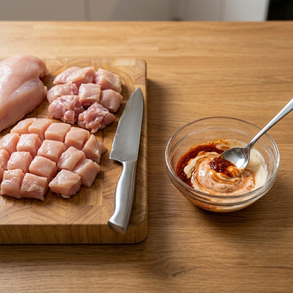 세 가지 닭고기를 깍둑썰기하고 매콤 고소한 마라 마요 소스를 섞는 과정