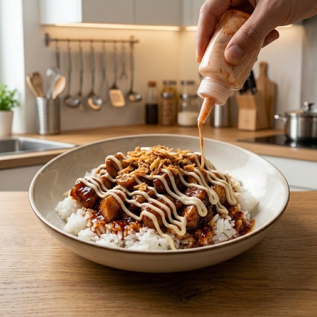 밥 위에 볶은 닭고기, 갈비 마라 소스, 양파 후레이크를 올려 완성한 꼬꼬밥 플레이팅
