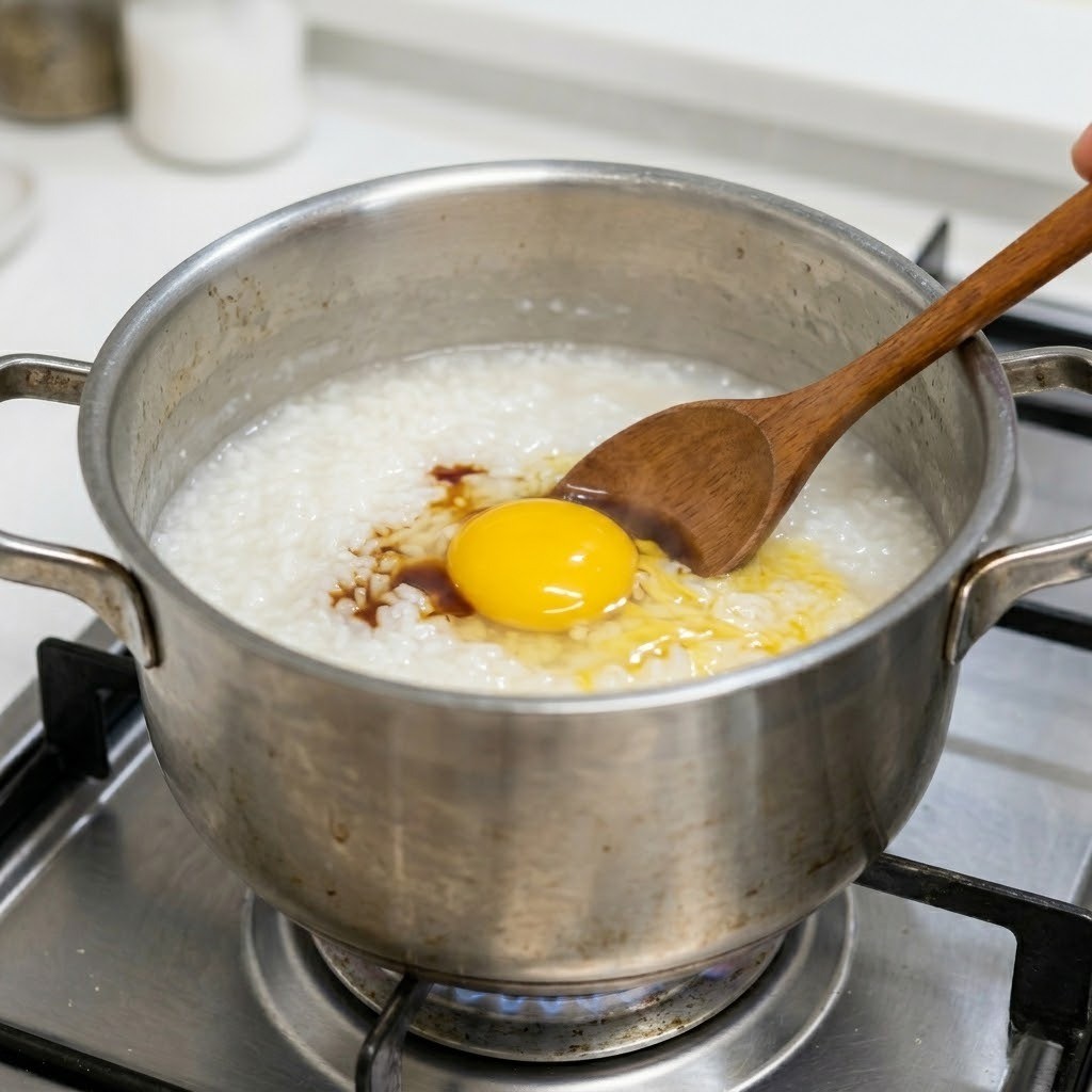 에그죽에 이정현 만능간장과 달걀노른자를 넣어 감칠맛과 고소함을 더하는 2단계 과정