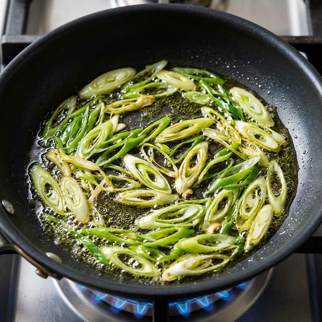 라짜면 파기름 만들기, 올리브유에 파채 볶는 모습