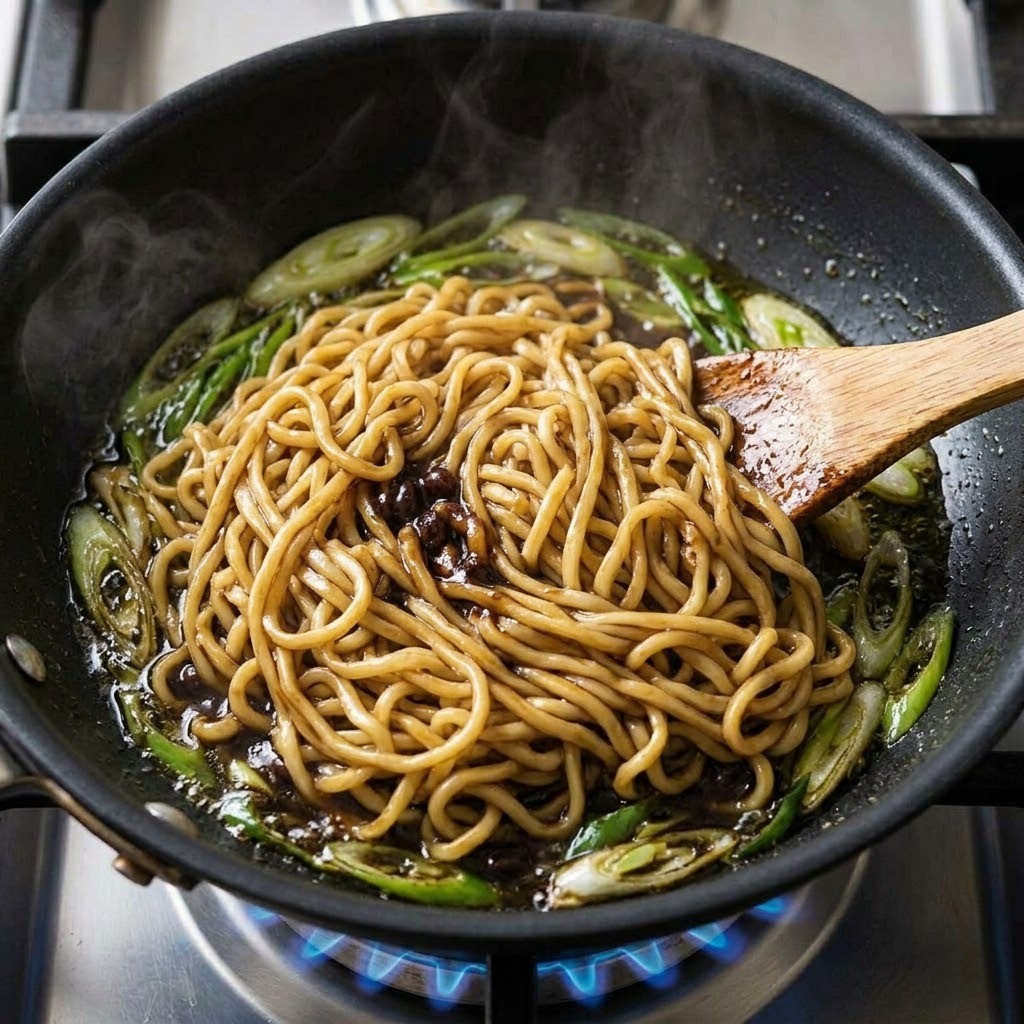 짜장라면 면발과 파기름, 짜장 소스를 함께 볶는 모습