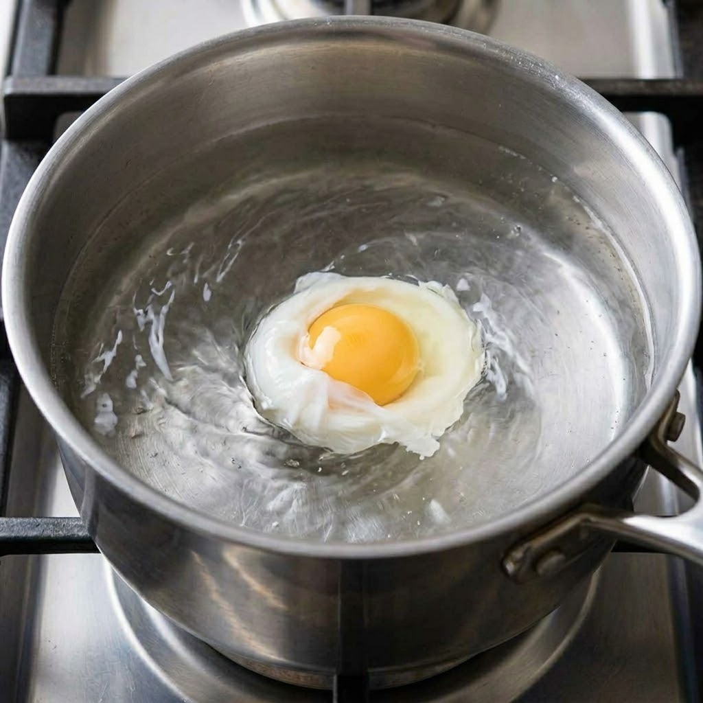 끓는 물에 회오리를 만들어 수란을 조리하는 모습