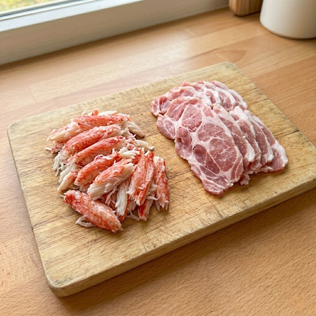 크랩맛살과 핏물을 제거한 불고기용 돼지고기를 볶음밥 토핑용으로 썰어 준비하는 과정
