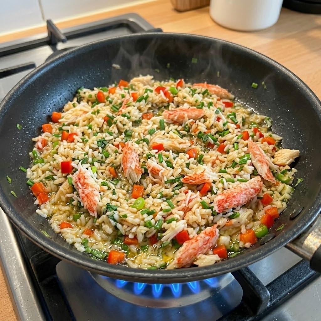 파기름에 달걀밥, 달래, 냉이, 크랩맛살을 넣고 볶아 완성하는 크랩 맛살 달걀볶음밥 프라이팬 조리 과정