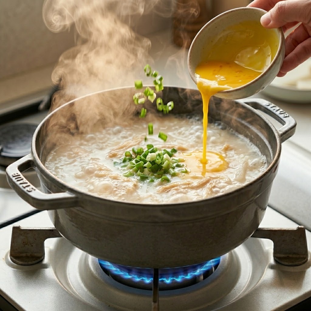 황태국 달걀노른자 까나리액젓 쪽파 마무리