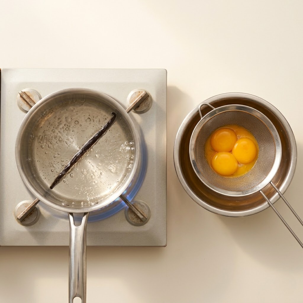 꼬꼬빵 훠이텅 만들기 첫 단계, 냄비에 바닐라빈 시럽 끓이기 및 달걀노른자 체에 거르기