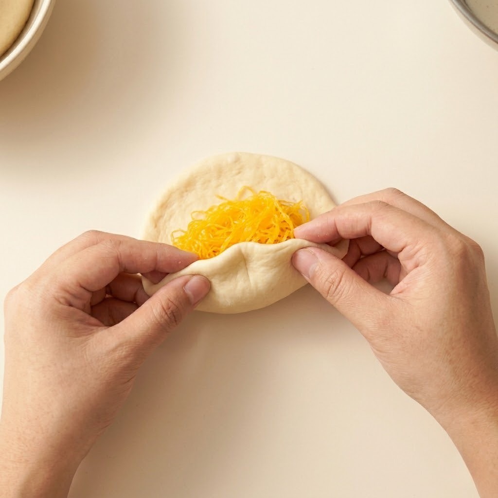 발효된 빵 반죽 안에 달콤한 훠이텅을 듬뿍 넣고 만두처럼 빚어 오븐 팬에 올린 모습