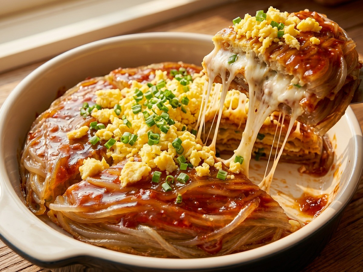 편스토랑 이유리 쫄계 완성 비주얼 - 바삭한 쫄면과 늘어나는 치즈가 어우러진 라자냐식 이색 분식