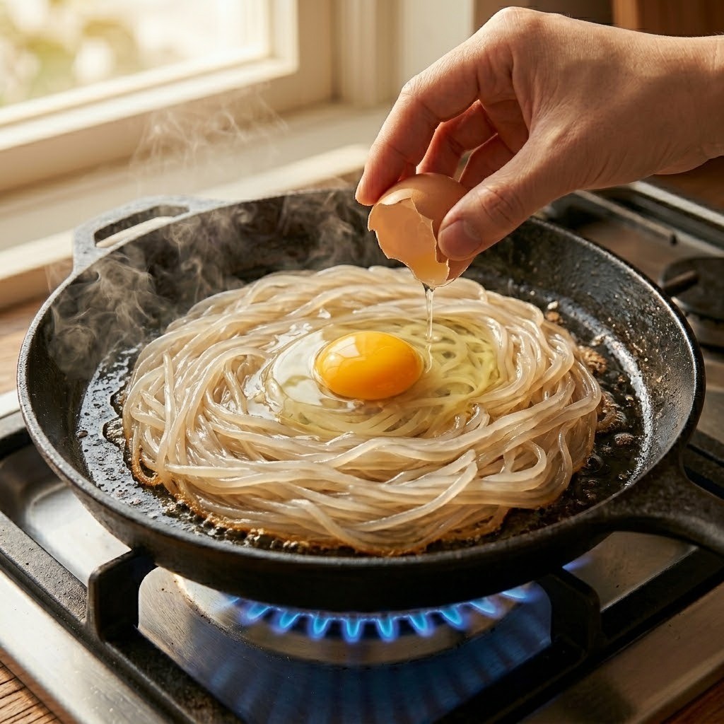 쫄계 레시피 2단계: 기름을 두른 팬에 쫄면을 넓게 굽고 달걀을 입히는 모습