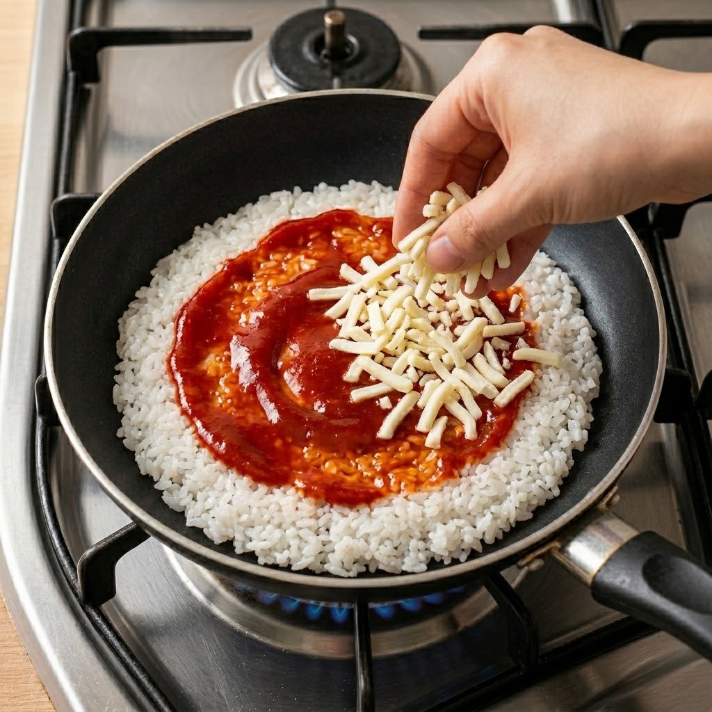 프라이팬에 찬밥을 펴고 떡볶이 국물 소스와 모짜렐라 치즈를 올리는 누룽지 피자 조리 1단계