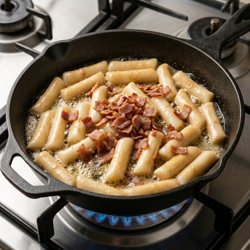 커피 떡볶이 만들기 첫 단계 - 팬에 버터를 녹이고 떡과 베이컨 어묵 볶기