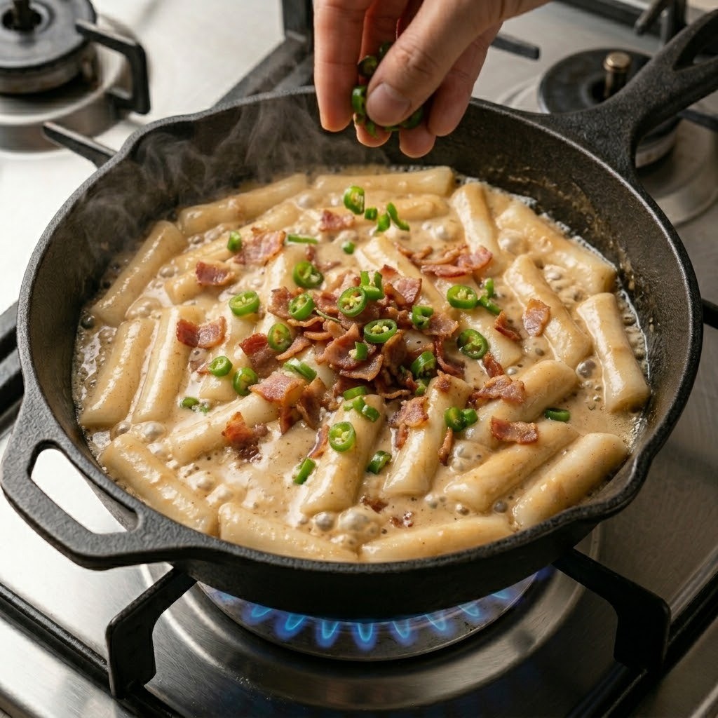 편스토랑 커피 떡볶이 완성 단계 - 청양고추를 넣어 느끼함을 잡는 모습
