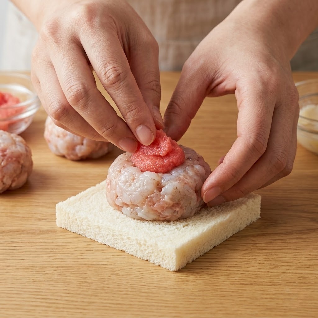 식빵 위에 새우 반죽을 올리고 그 안에 저염 명란을 듬뿍 채워 넣어 이연복 오픈형 멘보샤 모양을 빚는 과정