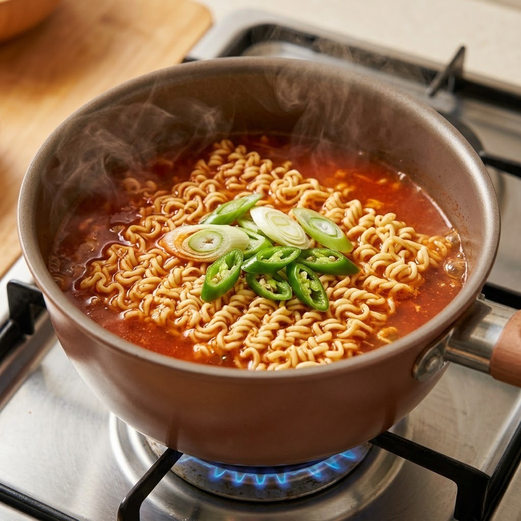 끓는 물에 특제 해물 분말스프와 라면 면, 대파, 청양고추를 넣고 끓이는 모습