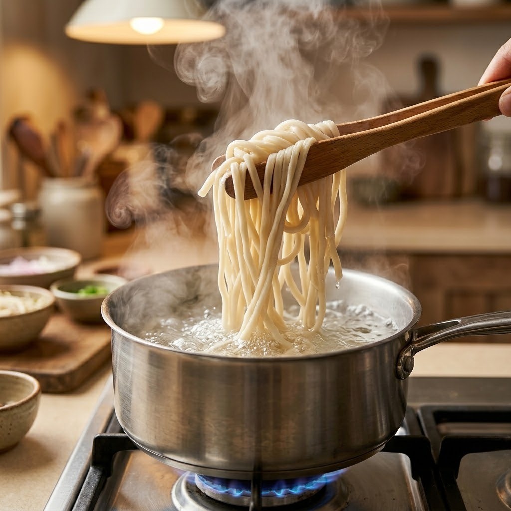 전복찢면 요리 과정 2단계 - 끓는 물에 수타면을 1분 30초간 삶고 찬물에 헹구는 모습