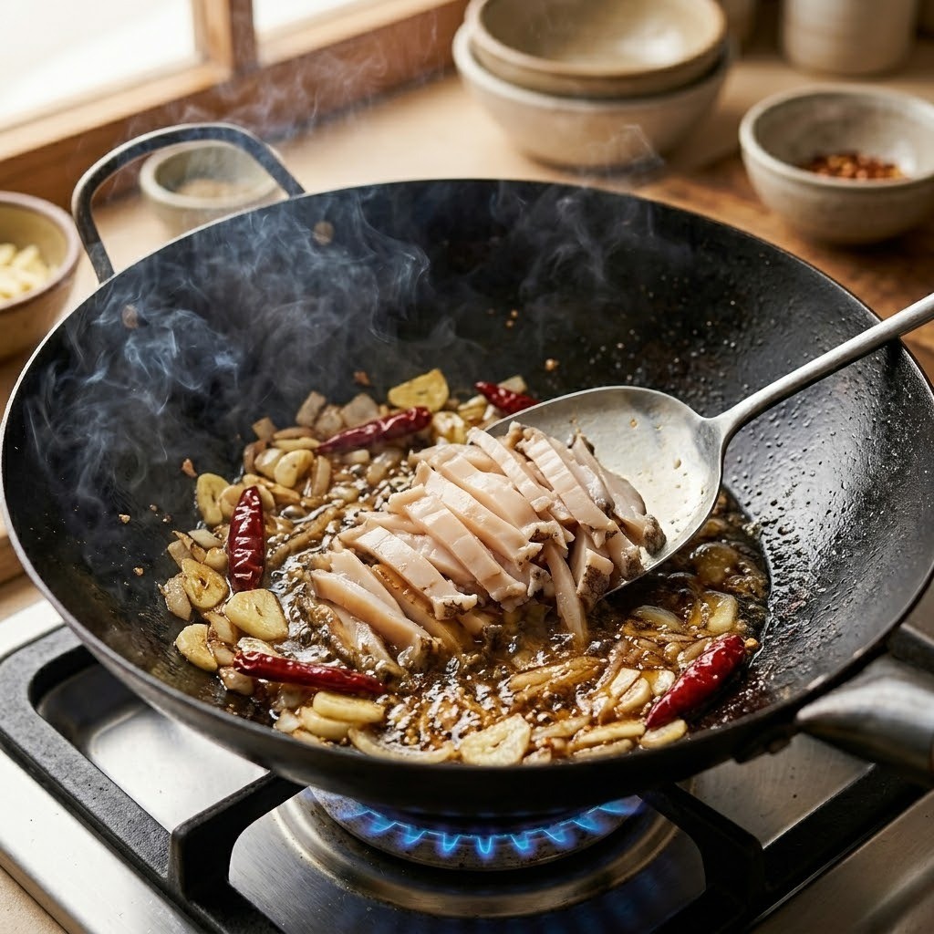 전복찢면 요리 과정 3단계 - 달궈진 팬에 향신채와 손질한 전복을 넣고 청주로 비린내를 날리며 볶는 모습