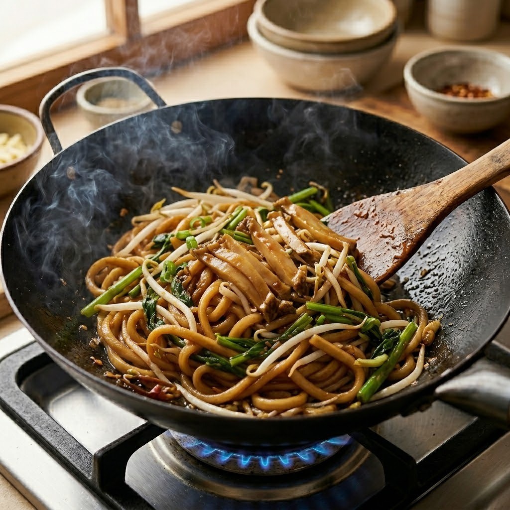 전복찢면 요리 과정 4단계 - 삶은 수타면과 팟타이 소스, 숙주, 공심채를 넣고 전분물로 농도를 맞추며 볶는 모습
