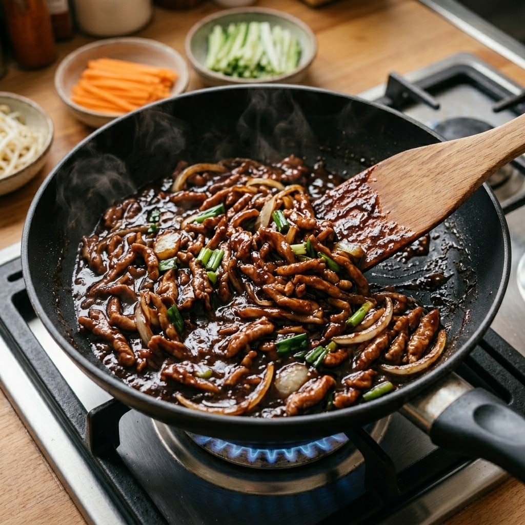 채 썬 돼지고기에 전분과 달걀로 밑간 후 춘장 양념과 대파, 양파를 넣어 윤기 나게 볶아낸 연정쌈 소