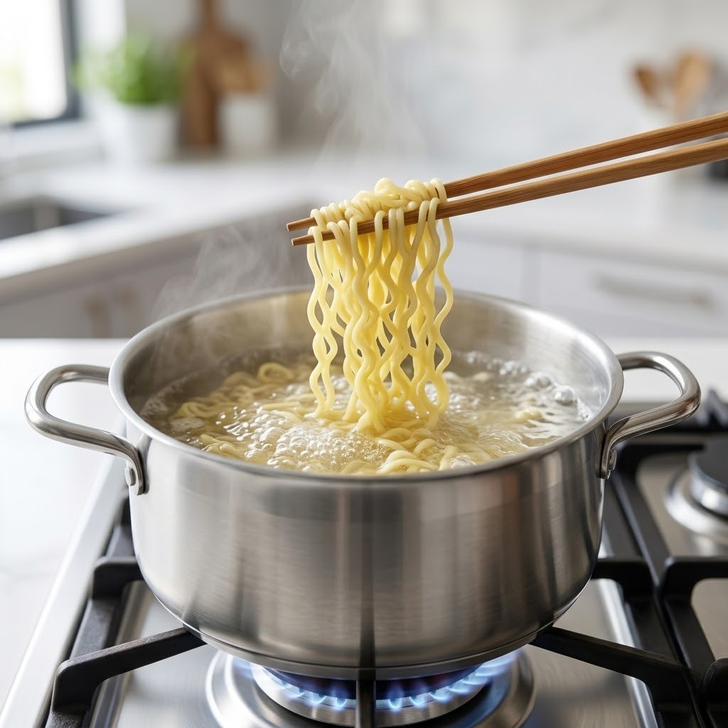 바질페스토 라면 만들기 1단계: 끓는 물에 라면 사리를 꼬들꼬들하게 삶는 모습