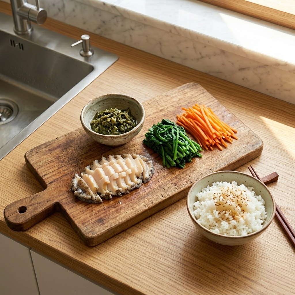 전복 손질 및 당근 시금치 밥 양념 조리 과정