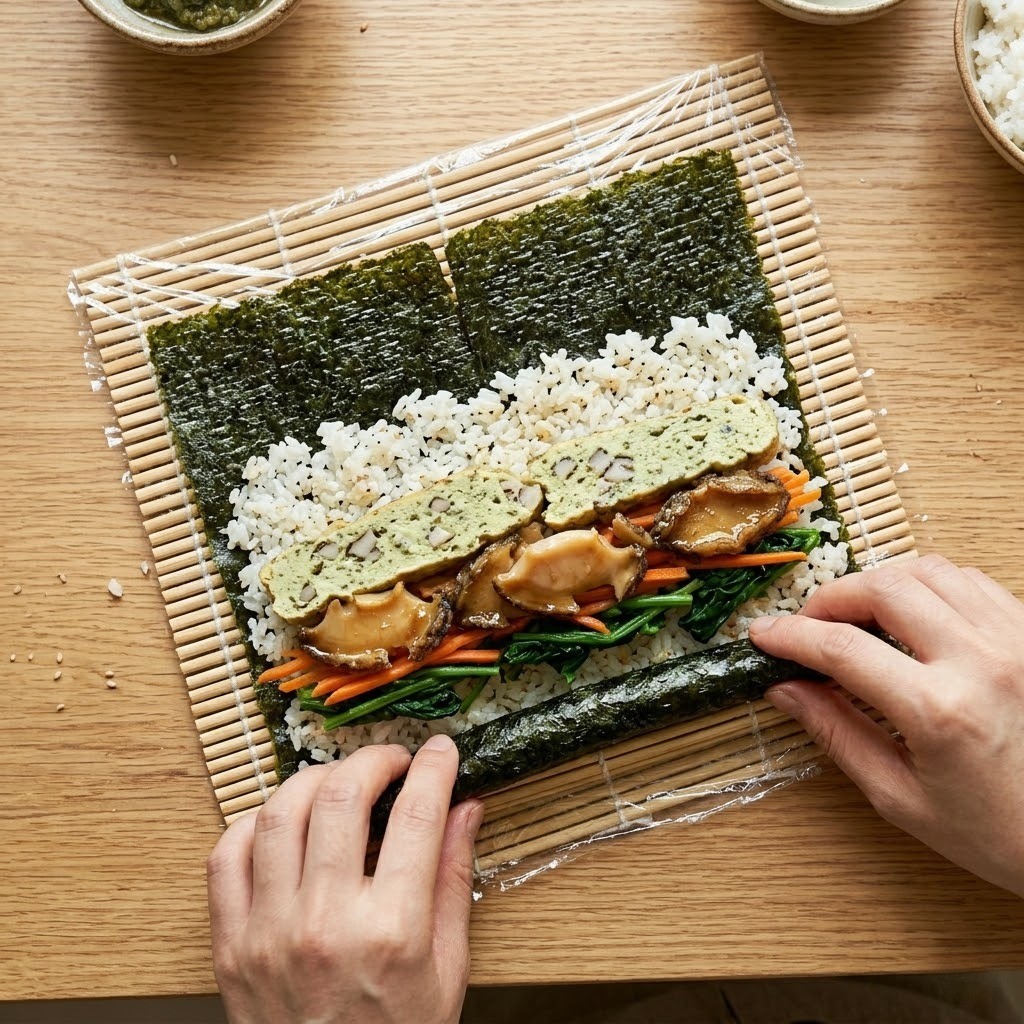 구운 감태 위에 밥과 전복 볶음, 지단 등 속재료를 얹어 김밥을 단단하게 마는 과정