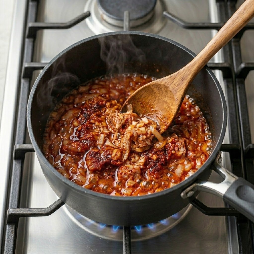 참치와 고추기름에 다진 양파, 다진 마늘, 고춧가루를 넣고 중약불에서 맛있게 볶아내는 과정