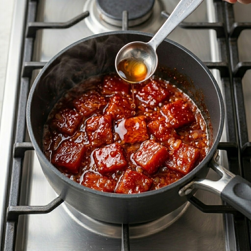 볶아진 고추참치에 까나리액젓을 넣어 깊은 감칠맛을 더해주는 편스토랑 이정현 레시피의 핵심 마무리 단계