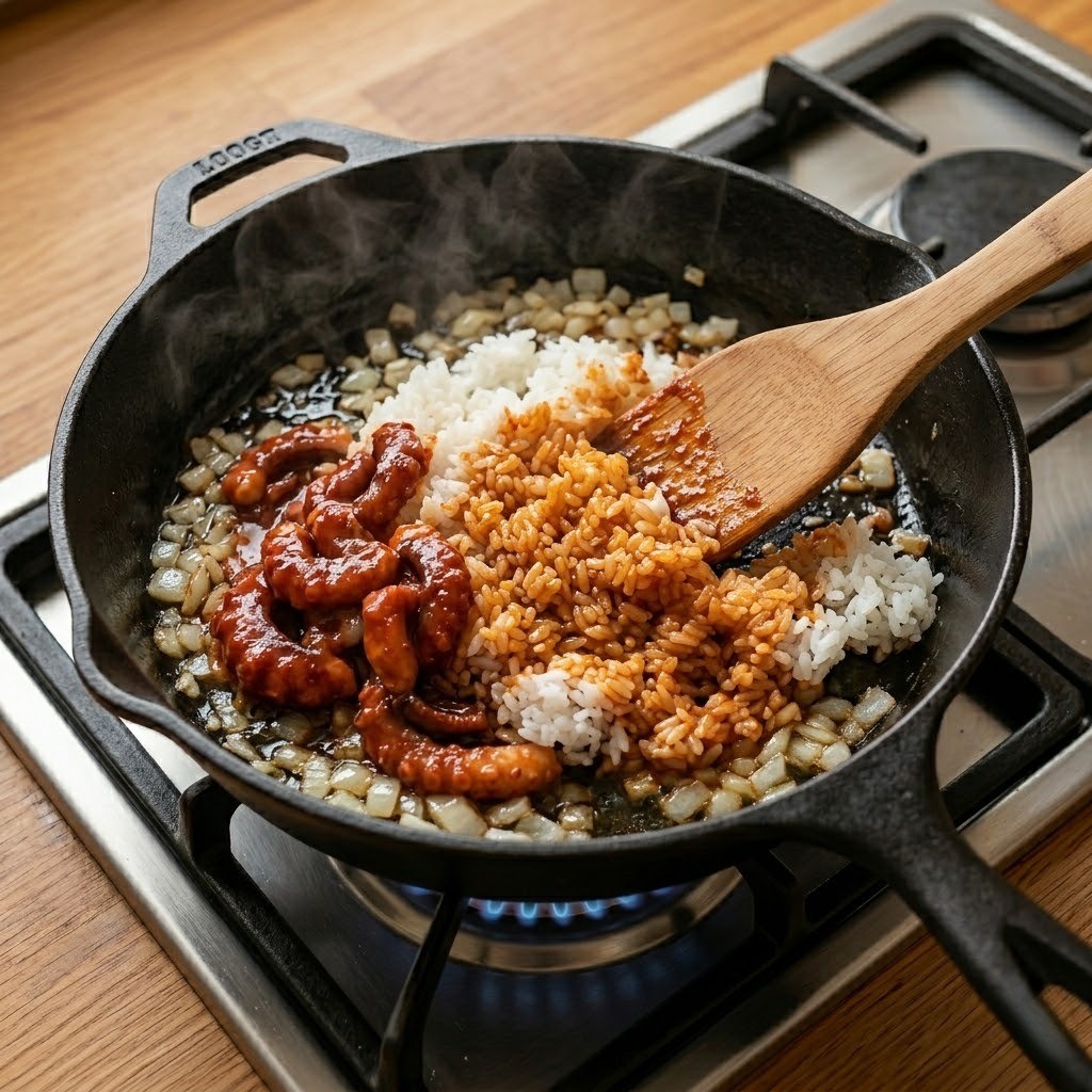 다져진 양파 기름에 낙지젓갈 3스푼과 밥 2공기를 넣고 골고루 섞으며 볶아 감칠맛을 내는 낙지젓볶음밥 조리 2단계