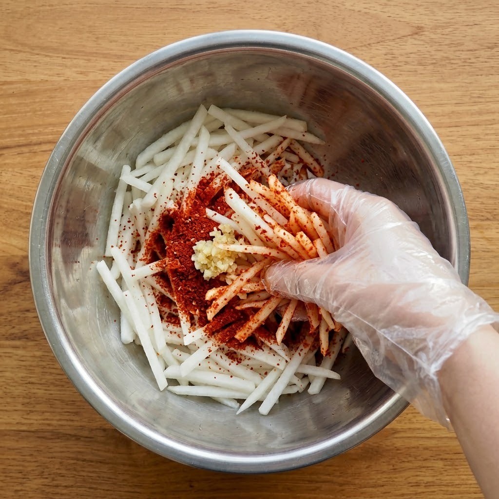 채 썬 무에 죽염, 까나리액젓, 마늘, 고춧가루를 넣고 버무리는 편스토랑 무생채 양념 과정