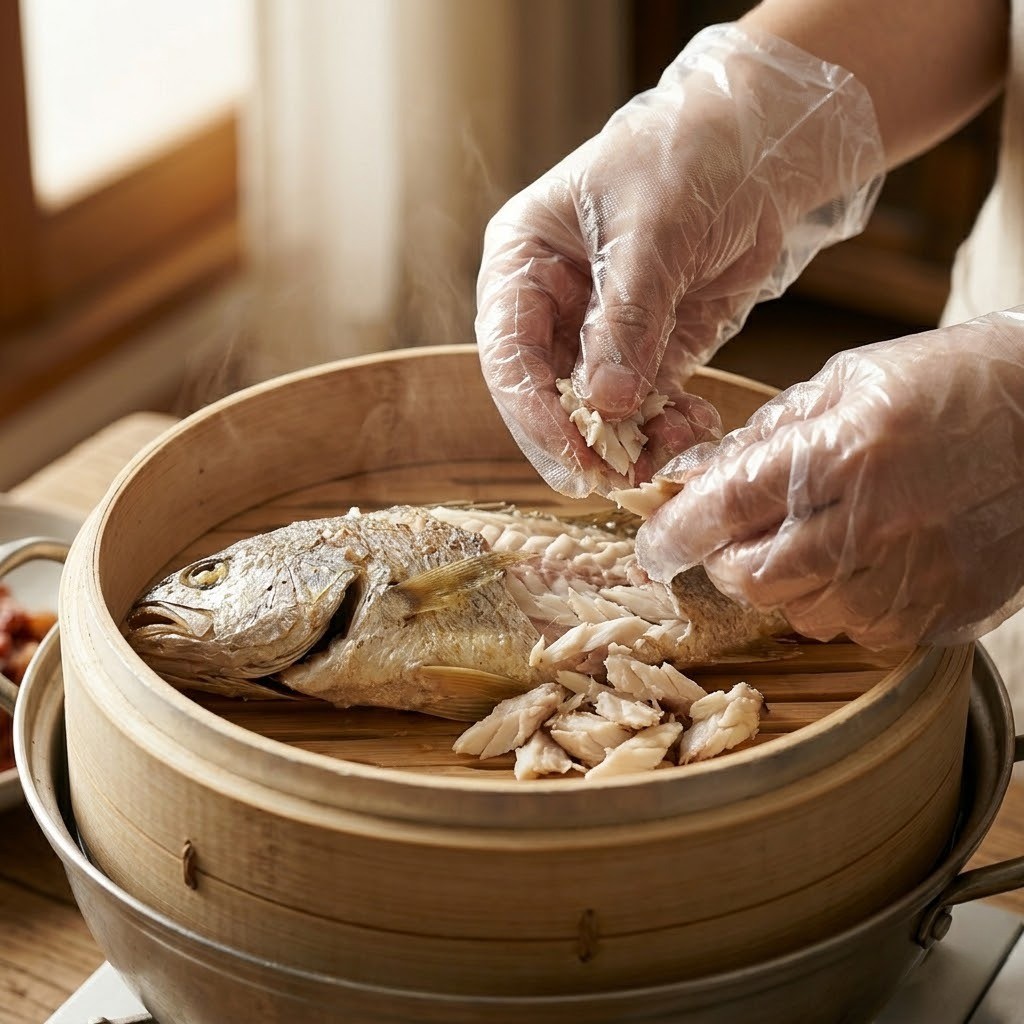 찜기에 쪄낸 보리굴비의 가시를 제거하고 살을 바르는 과정