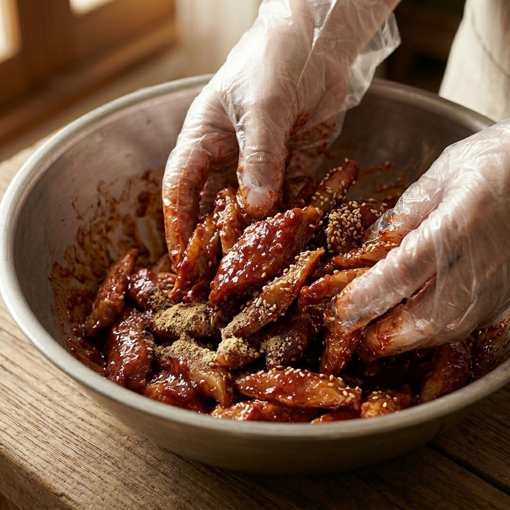 찰고추장, 표고버섯가루, 생강가루를 넣고 최종적으로 버무려 완성된 보리굴비찰고추장