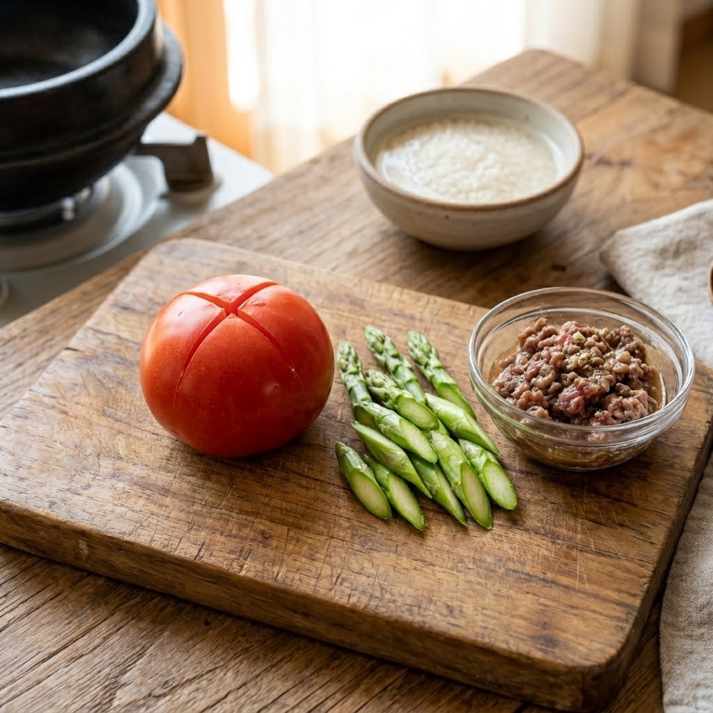 쌀 불리기, 토마토 십자 칼집 내기, 아스파라거스 썰기, 소고기 다짐육 밑간하는 재료 손질 과정