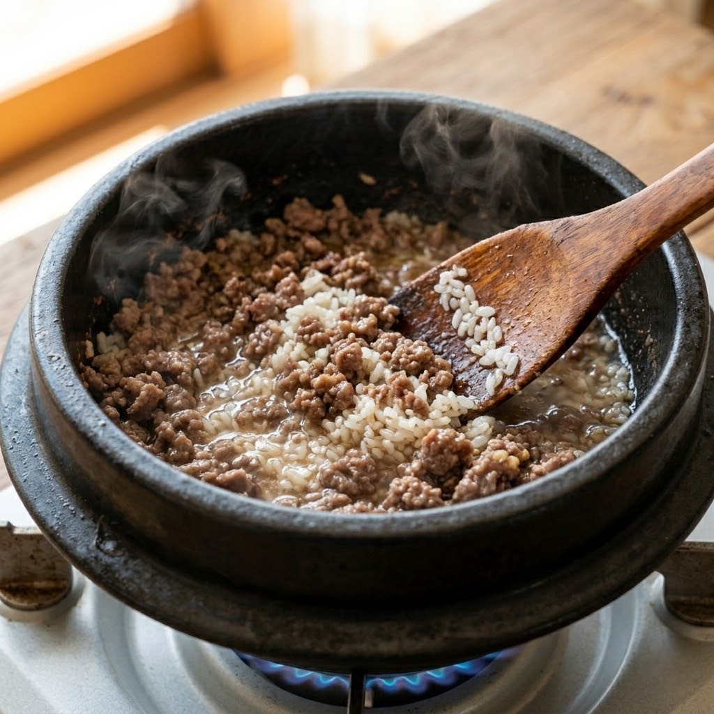 달군 돌솥에 소고기를 볶다가 불린 쌀과 물을 넣고 끓이는 소고기 토마토 돌솥밥 조리 과정