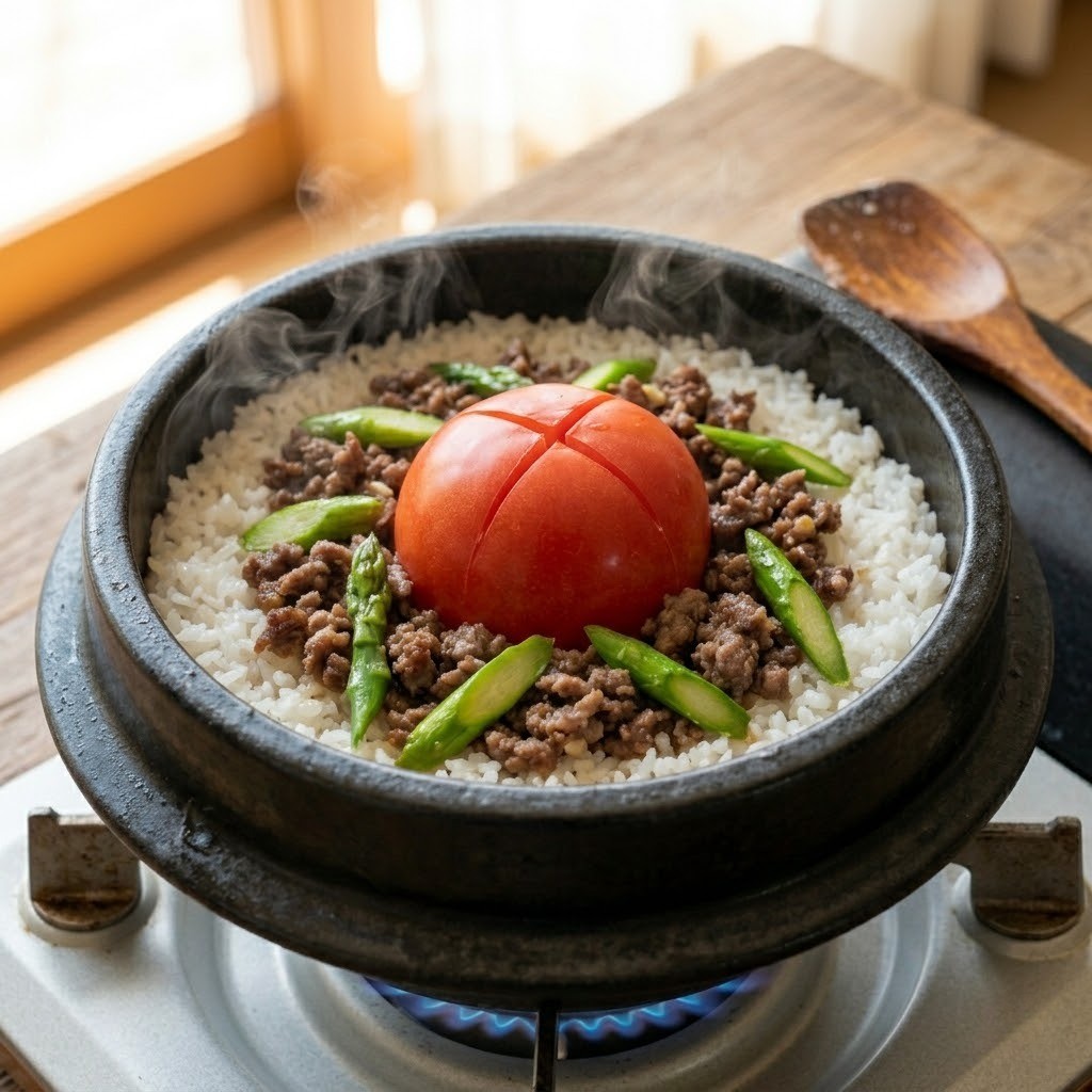 쌀 위에 통 토마토와 아스파라거스를 올리고 뚜껑을 덮어 끓인 뒤 뜸 들이는 완성 단계