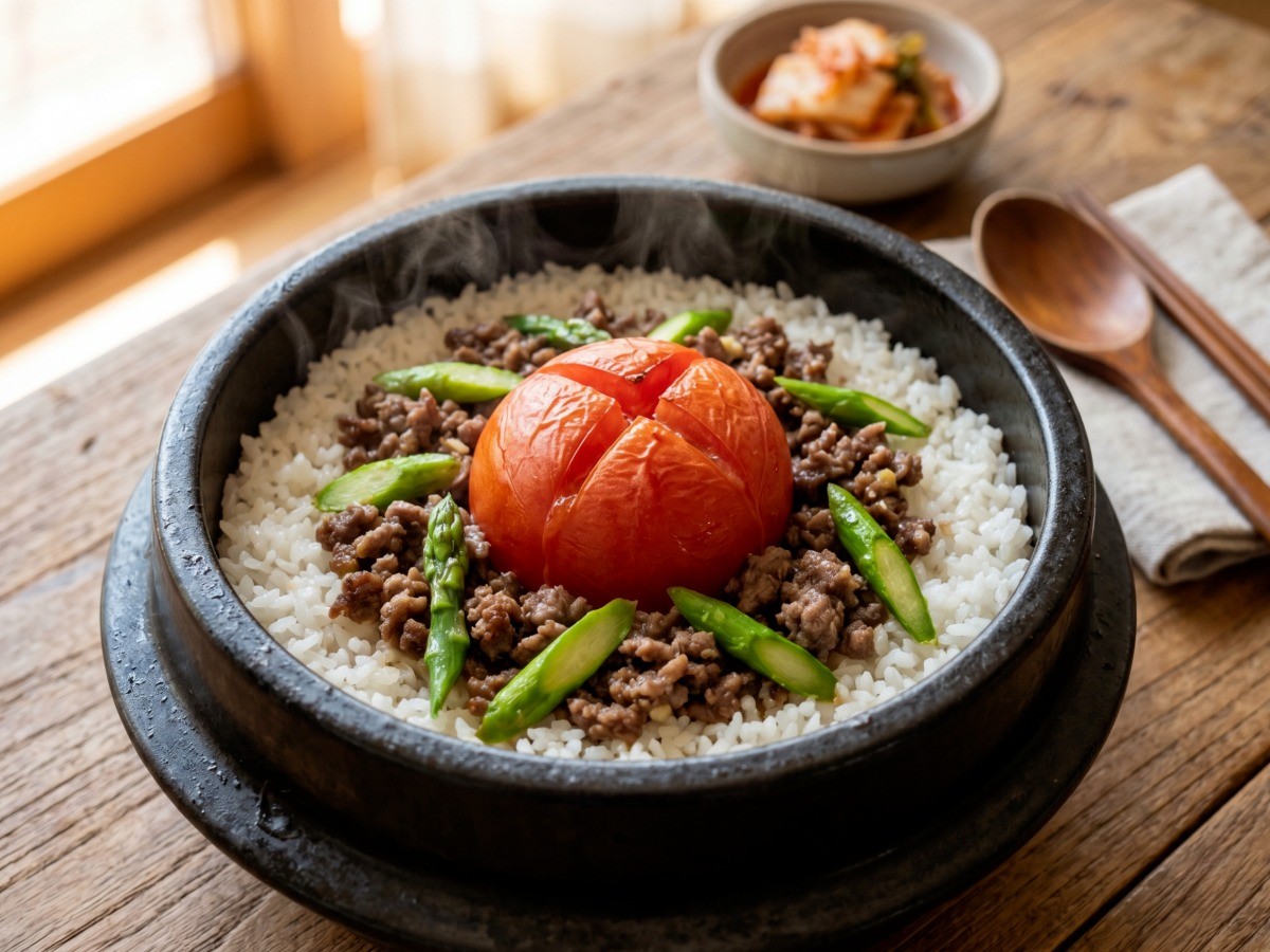 편스토랑 전혜빈 소고기 토마토 돌솥밥 완성 플레이팅