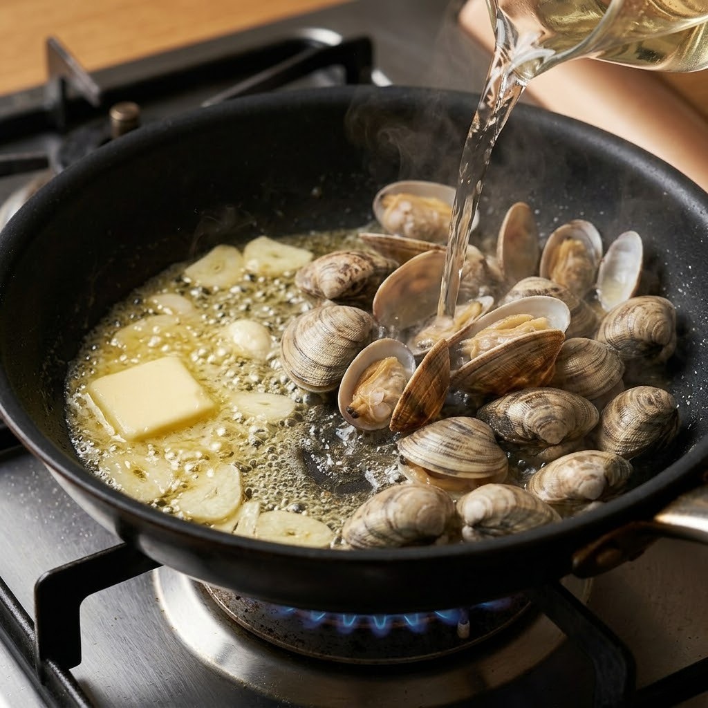 토마토바지락술찜 두 번째 단계: 프라이팬에 고소한 버터를 녹인 후 편 마늘과 해감된 바지락을 함께 볶아 풍미를 끌어올리는 과정