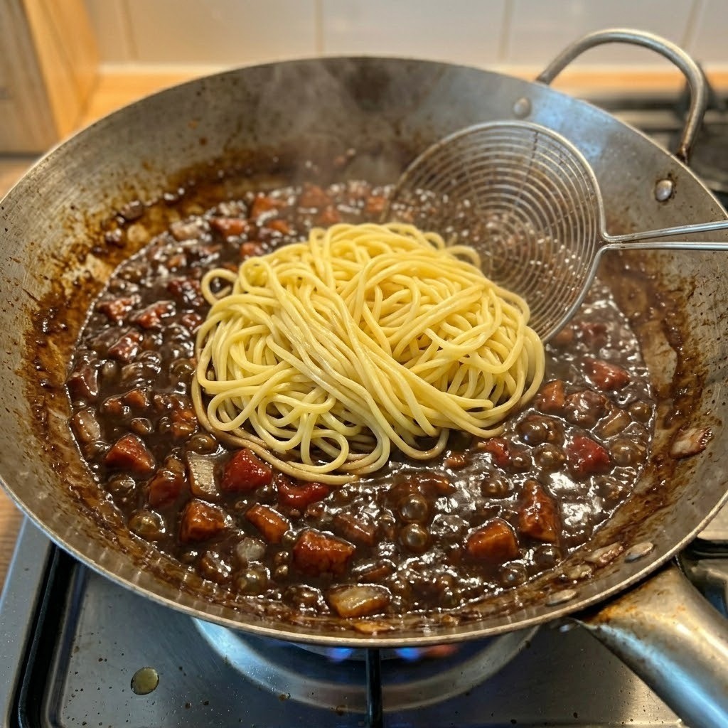 파기름에 토마토와 짜장 소스를 볶고 생면을 넣어 완성하는 조리 과정