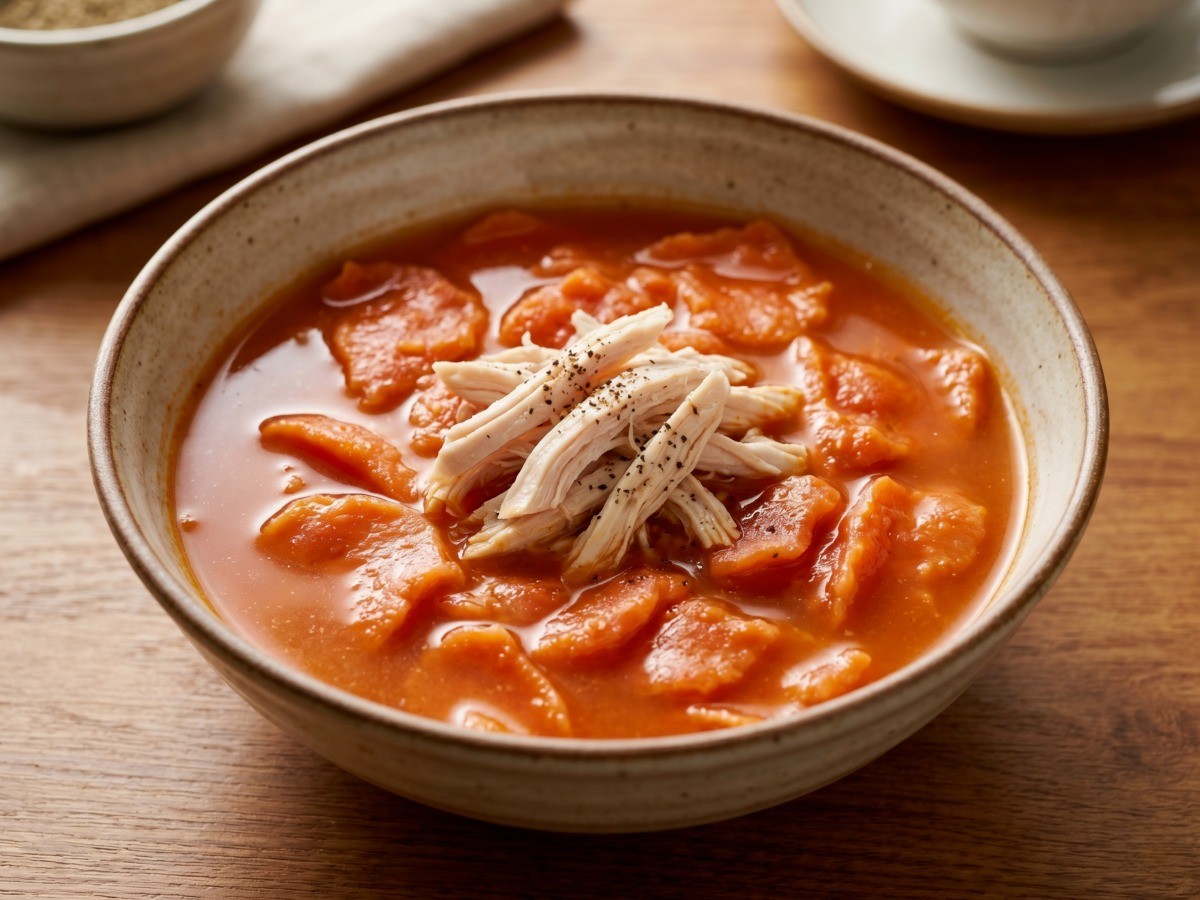 진하고 구수한 닭 육수와 쫄깃한 토마토 반죽이 어우러진 편스토랑 이경규 꼬꼬 토마토 수제비 완성 요리