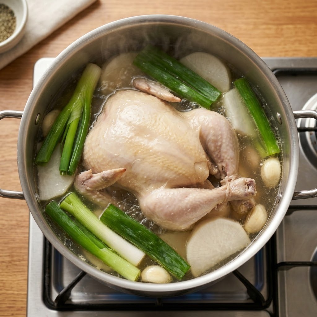 큰 냄비에 물, 생닭, 각종 채소와 잡곡을 넣고 푹 끓여 깊고 진한 닭 육수를 만드는 과정