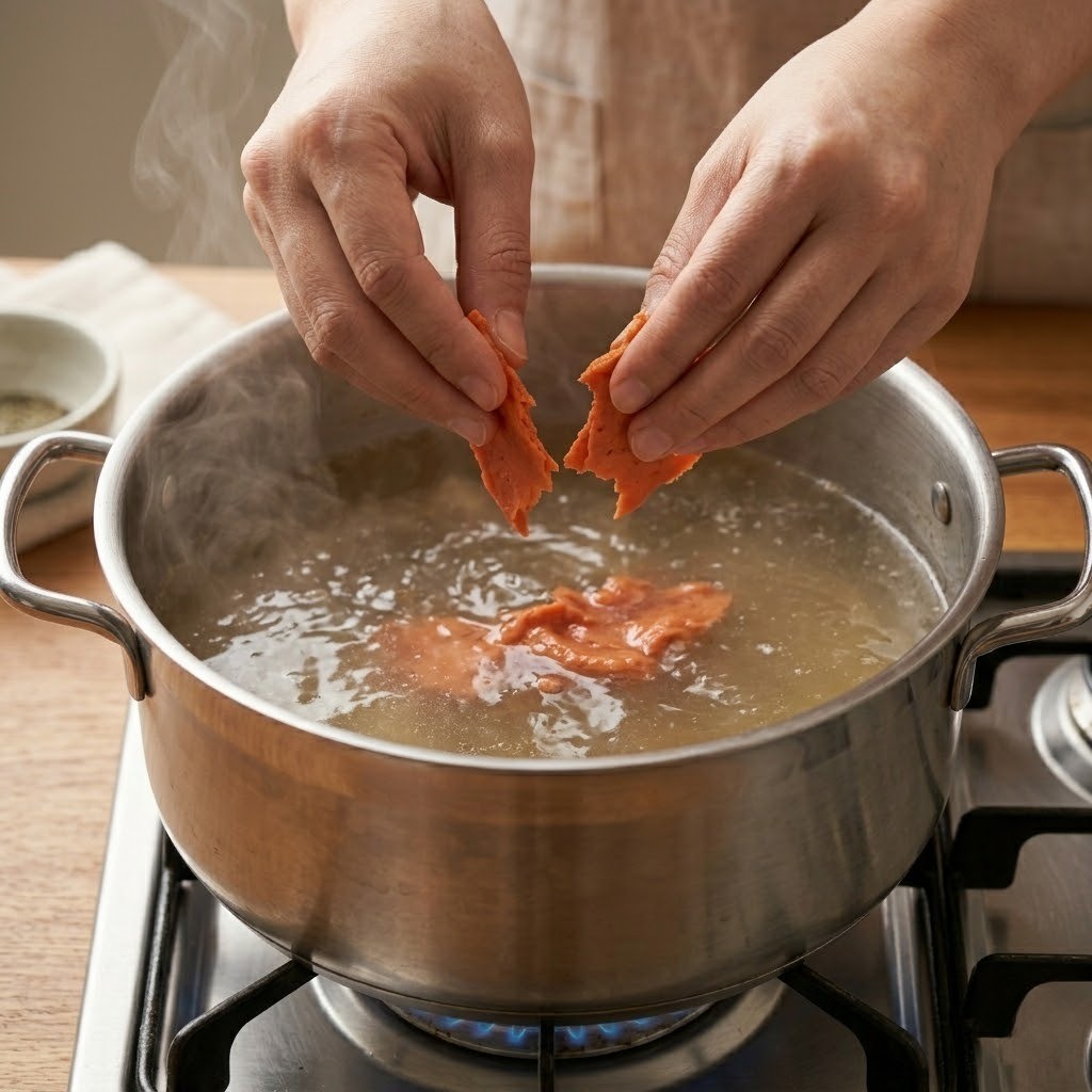 맑게 걸러낸 끓는 닭 육수에 숙성된 붉은 토마토 수제비 반죽을 얇고 넓적하게 떼어 넣어 익히는 과정