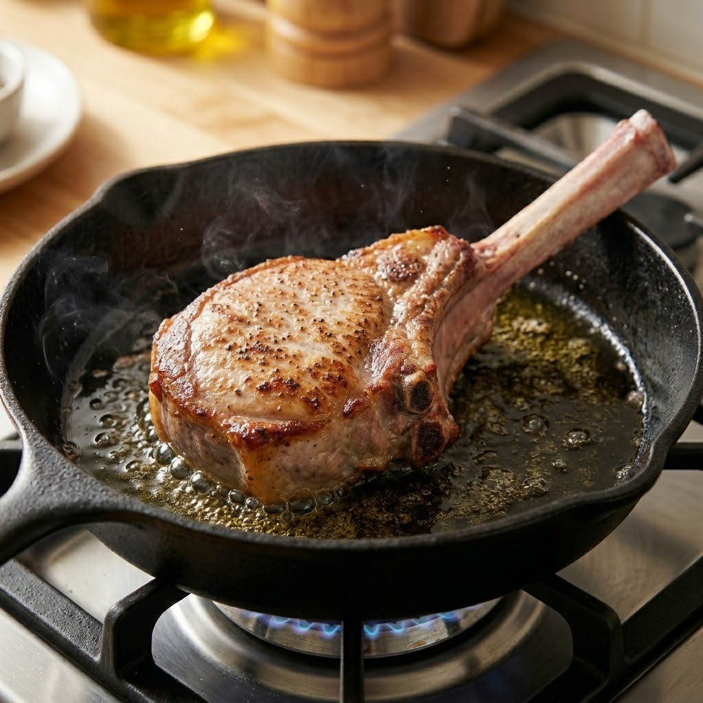 올리브유를 넉넉히 두른 팬에 두툼한 뼈 붙은 돼지통등심을 노릇하게 튀기듯 굽는 조리 과정