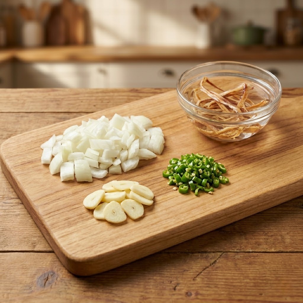 진미채우유떡볶이 재료 준비 - 물에 불린 진미채와 잘게 다진 양파, 편 마늘, 송송 썬 청양고추가 도마 위에 깔끔하게 손질된 모습