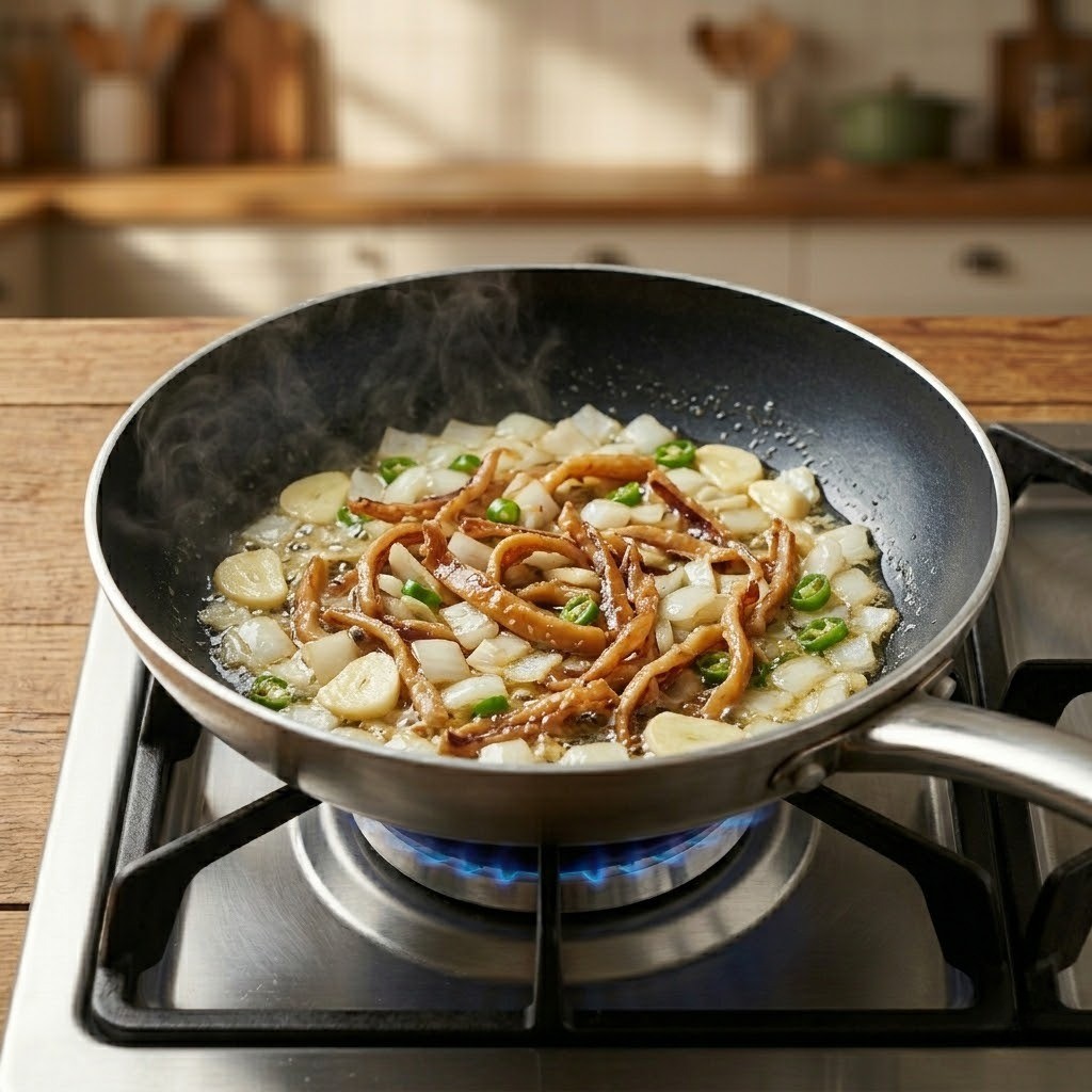 우유떡볶이 베이스 볶기 - 프라이팬에 버터를 듬뿍 두르고 편 마늘, 다진 양파, 물에 불린 진미채를 넣어 고소한 향을 내며 볶는 과정