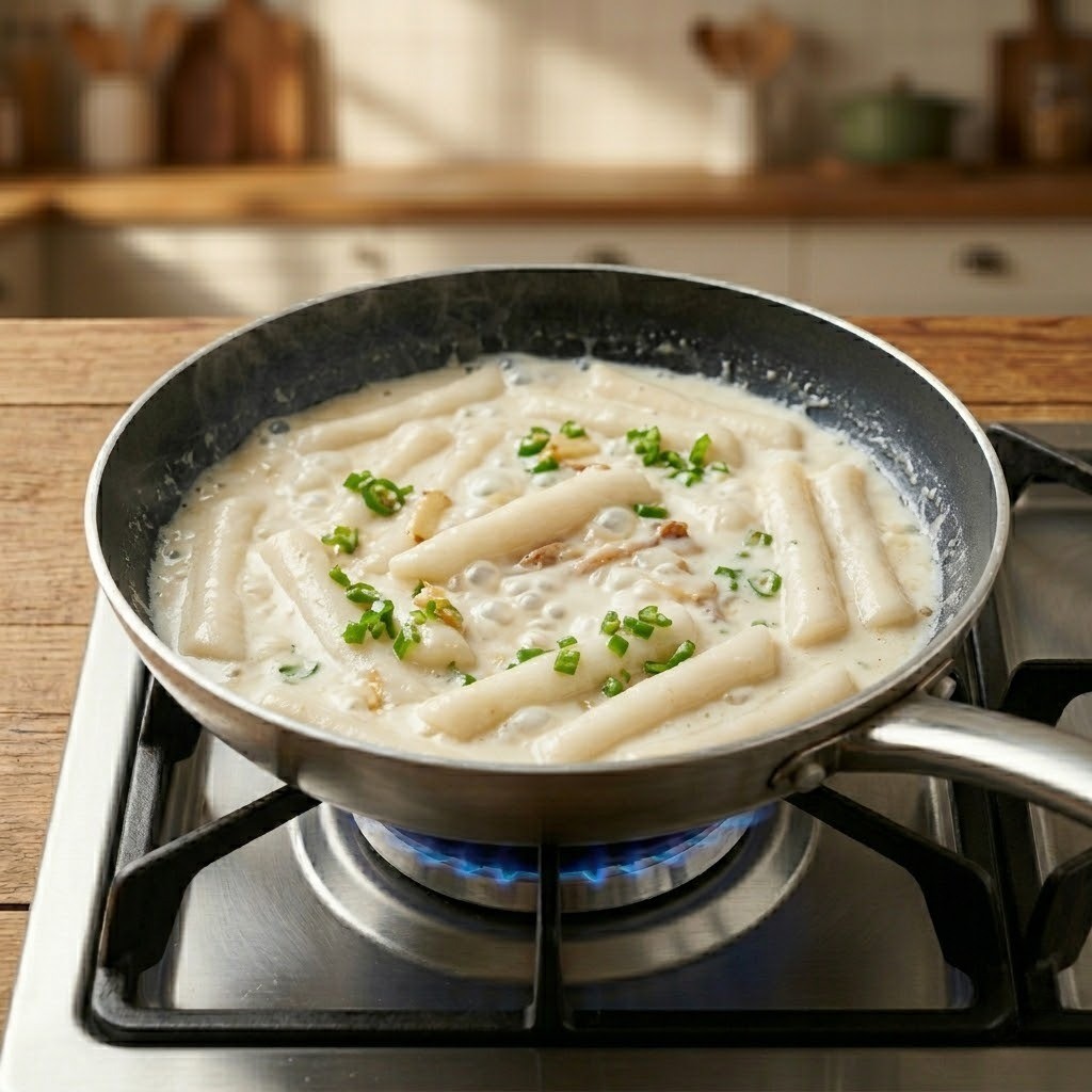진미채우유떡볶이 졸이기 - 볶은 재료에 쫄깃한 밀떡, 다시마 멸치 육수, 우유 300ml, 청양고추를 넣고 소스가 꾸덕해질 때까지 끓여내는 완성 단계