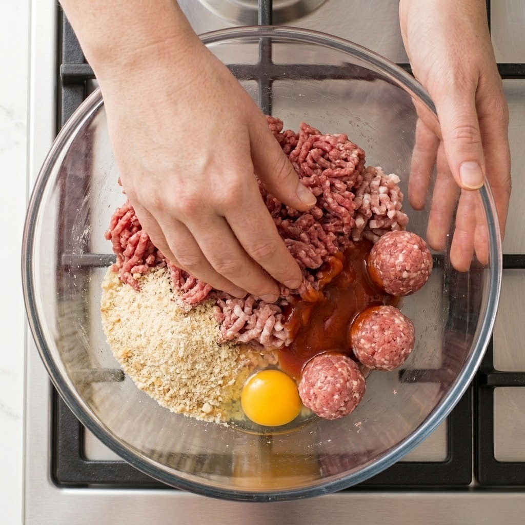 다진 소고기와 돼지고기에 양념을 넣고 손으로 치대어 동그랗게 빚어 완성한 수제 미트볼 반죽